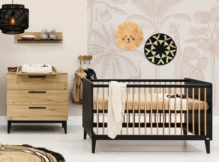 Łóżeczko niemowlęce XENA regulacja wysokości 70x140 efekt dębu/czarne - BAN_XEN-5