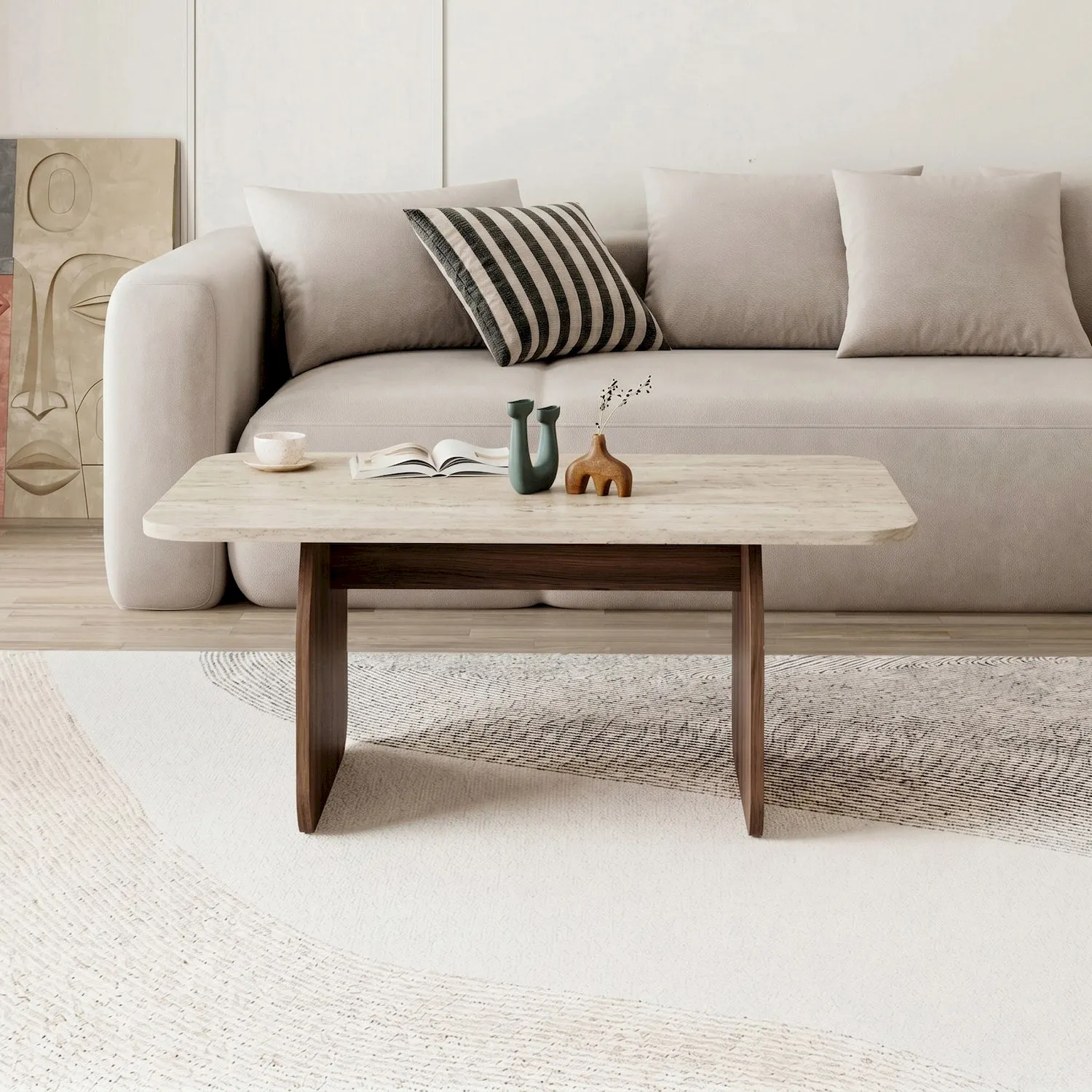sofa, stolik kawowy, salon, poduszki, dekoracje