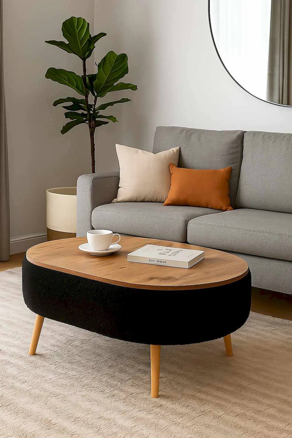 sofa, living room, coffee table, pouf, cushions