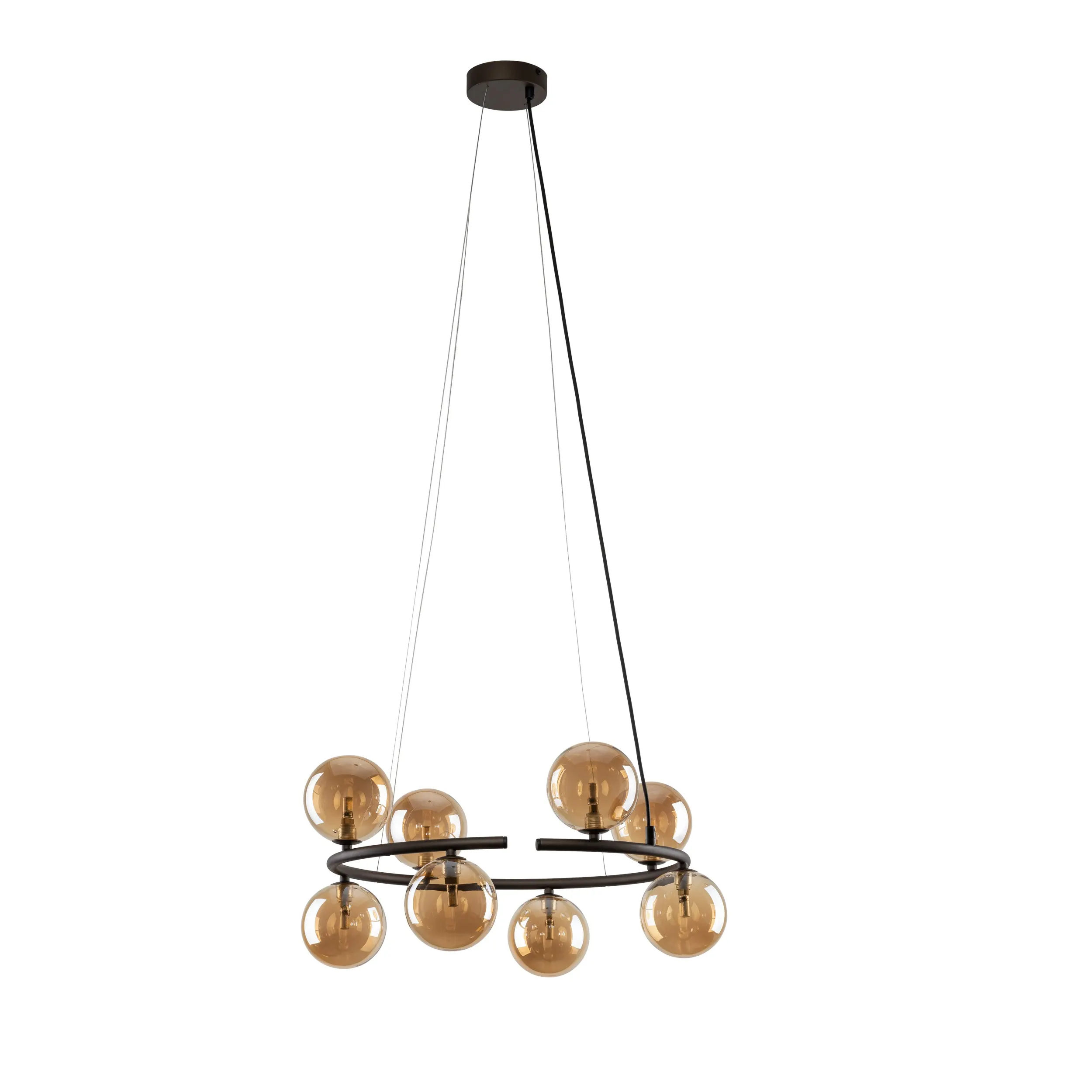 Lampa wisząca ANABELLE brązowa z bursztynowymi okrągłymi szklanymi kloszami 140x62cm