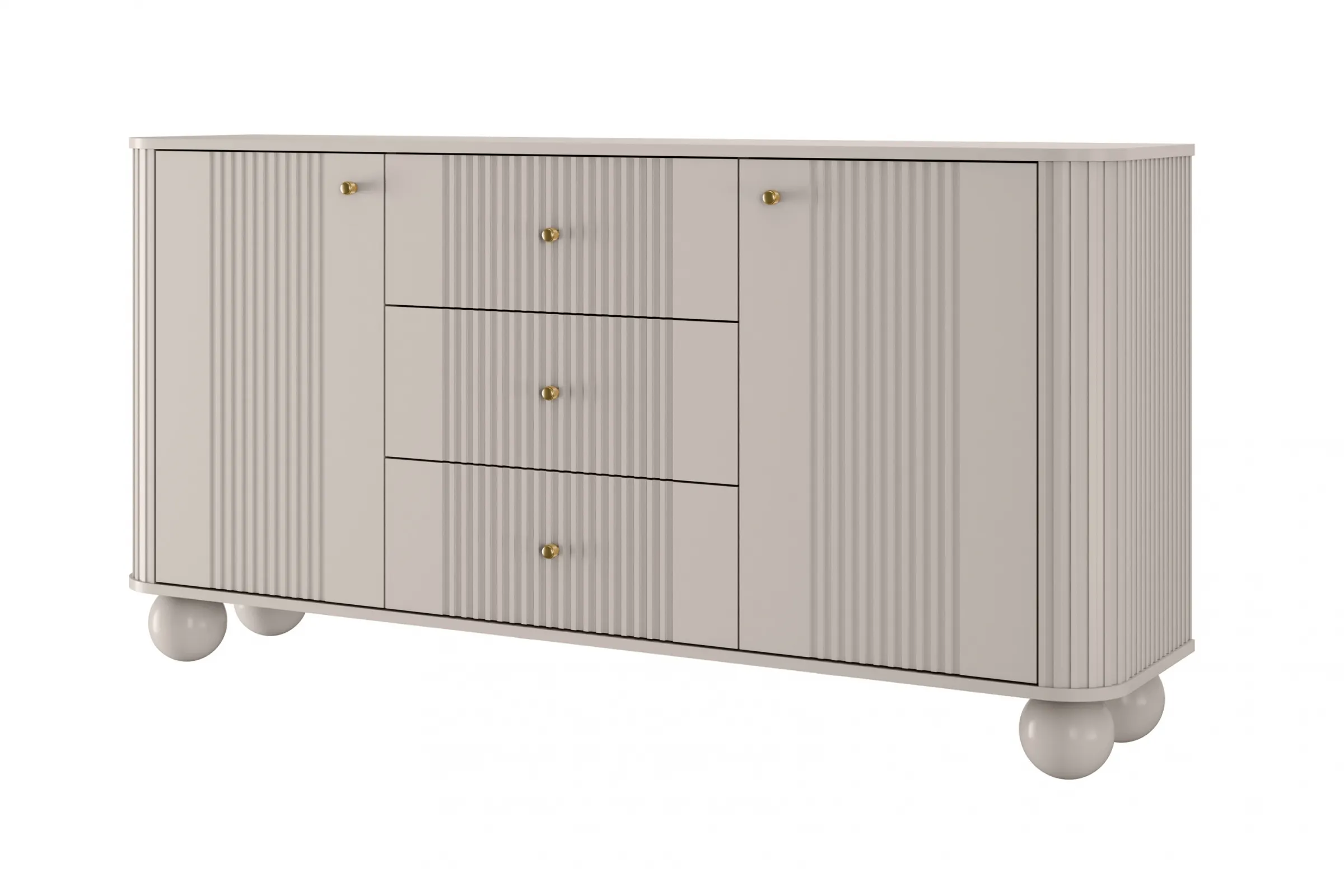 Komoda 2-drzwiowa z 3 szufladami VESPER 160 ryflowany front cashmere złote uchwyty nogi kule Meble, Kredens, Szafka, Szuflada, Komoda