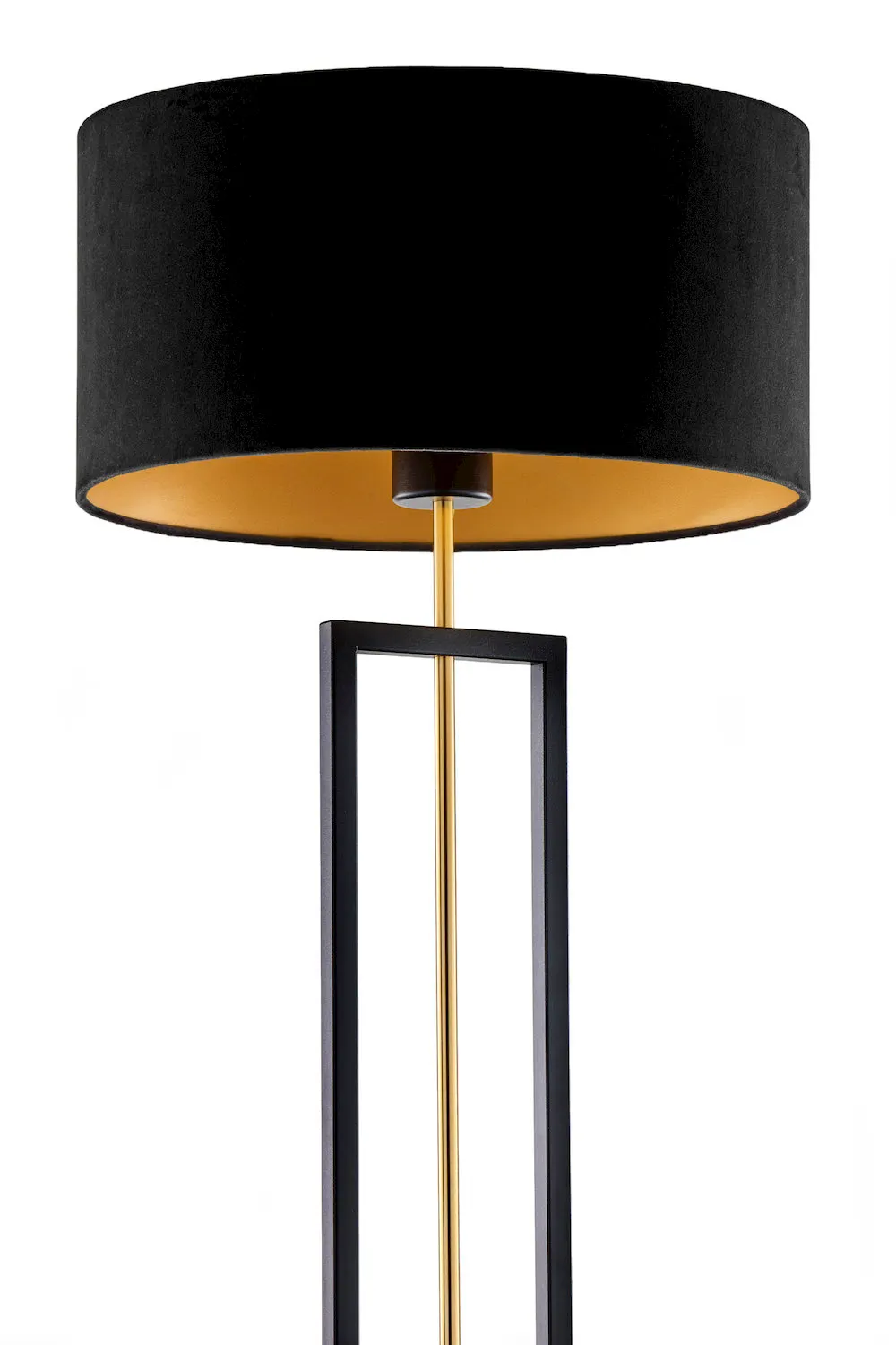 image lampa podłogowa, czarna, złoty, stelaż metalowy, osłona abażurowa