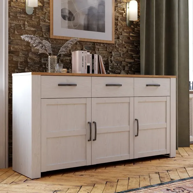 Komoda 3-drzwiowa z 3 szufladami CHISBURY - dąb riviera, modrzew jasny sibu - BHLK231-M482