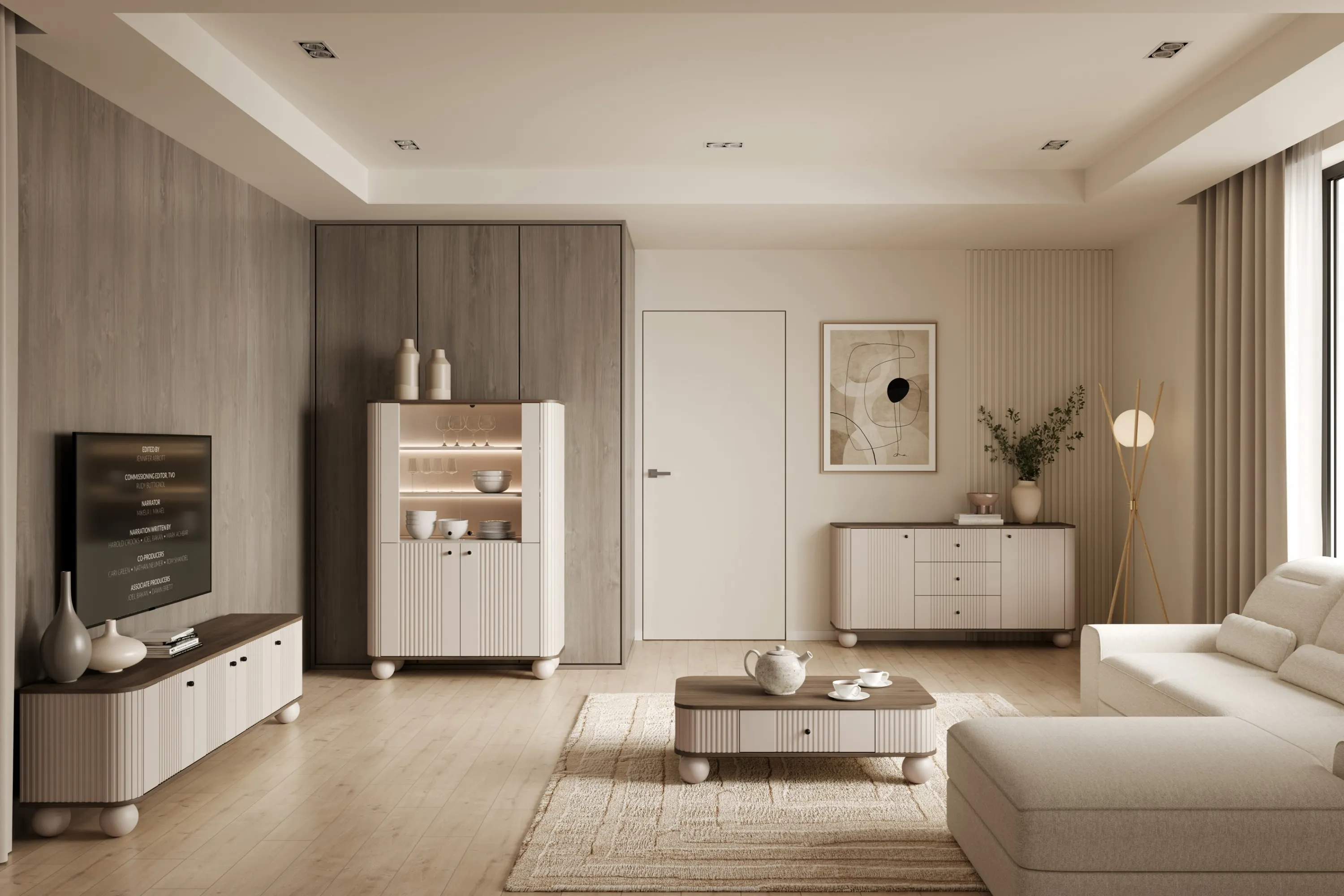 Witryna 4-drzwiowa z oświetleniem VESPER 103 ryflowany front cashmere orzech czarne uchwyty nogi kule - B_167226