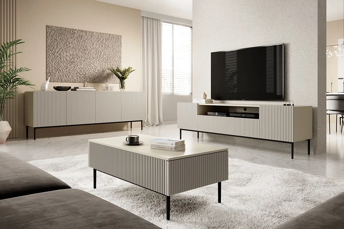 Szafka RTV NICOLE 200 z wnęką i szufladami - kremowa - czarny stelaż - B_55538