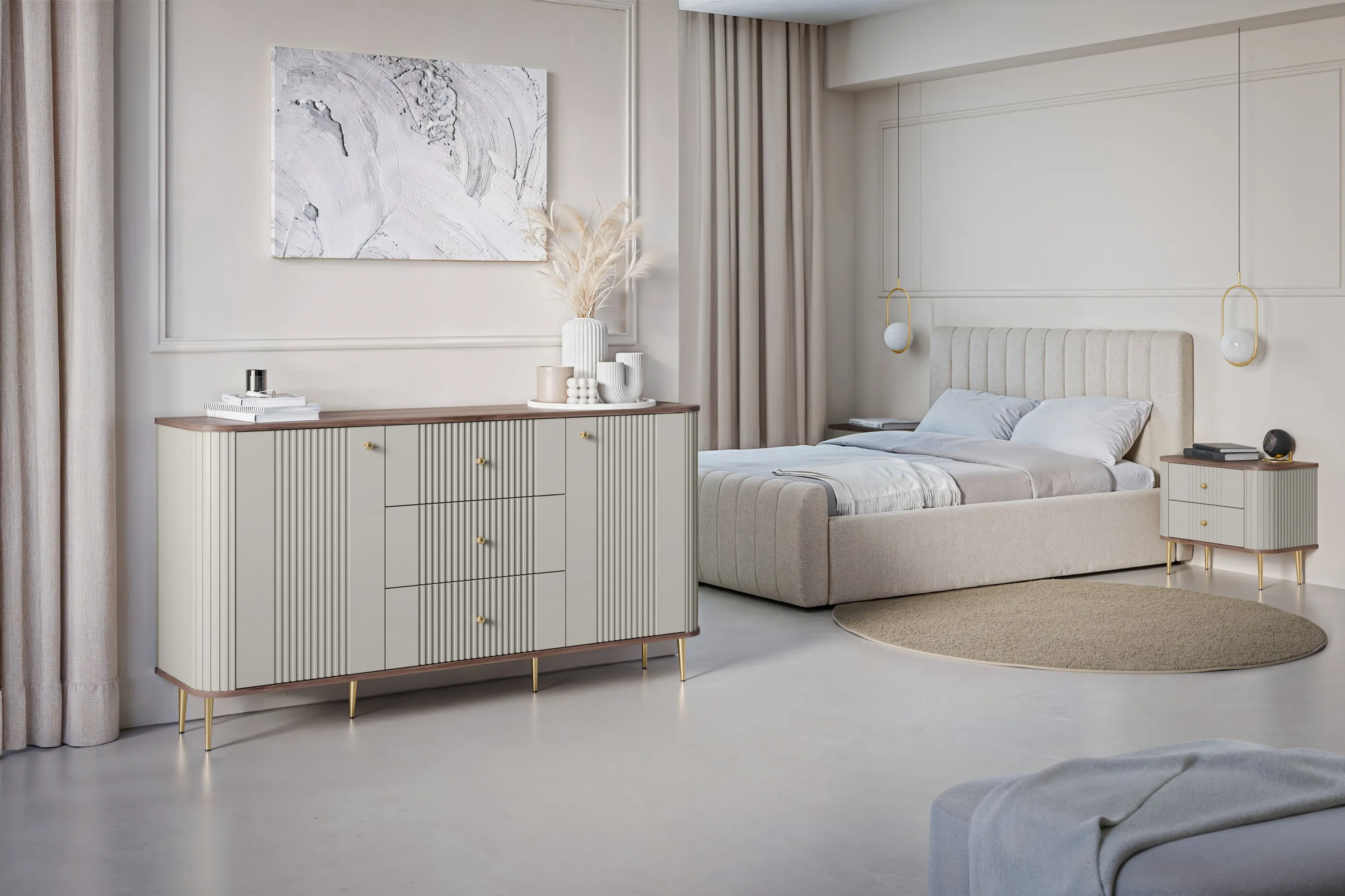 Szafka nocna z 2 szufladami VESPER 56 zestaw 2 sztuk ryflowany front cashmere mdf orzech złote nogi - B_163836