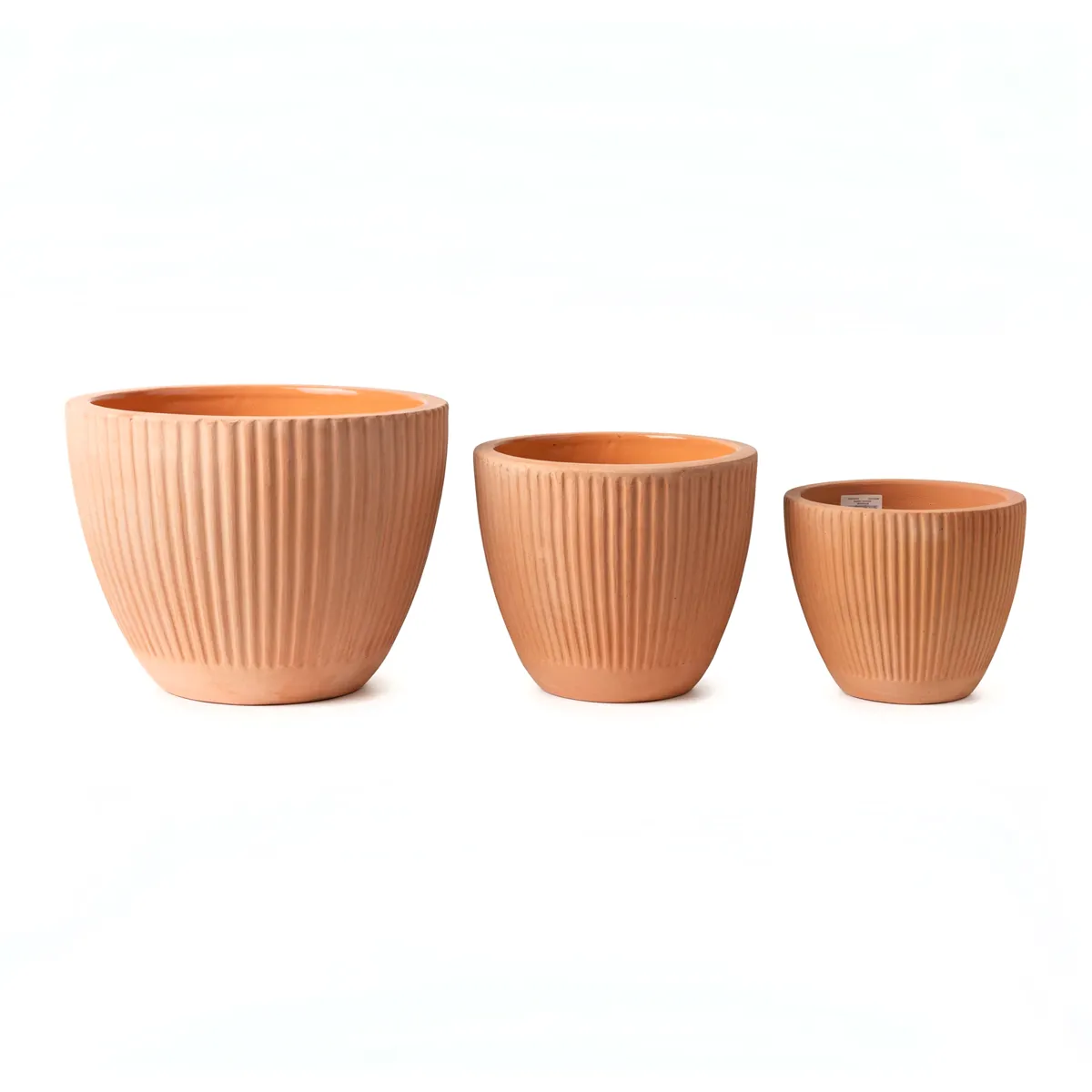 image doniczka, terracotta, set trzech, wzór żłobiony, ceramiczne