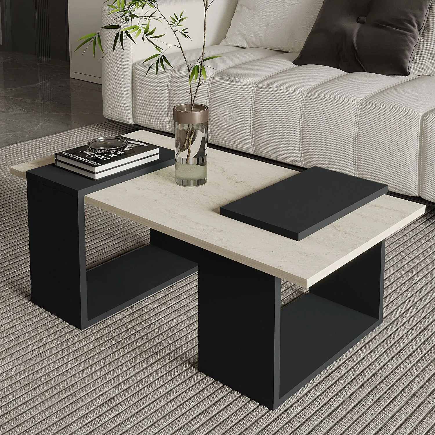 image stolik kawowy, stolik, korpus czarny, blat jasny, nowoczesny design