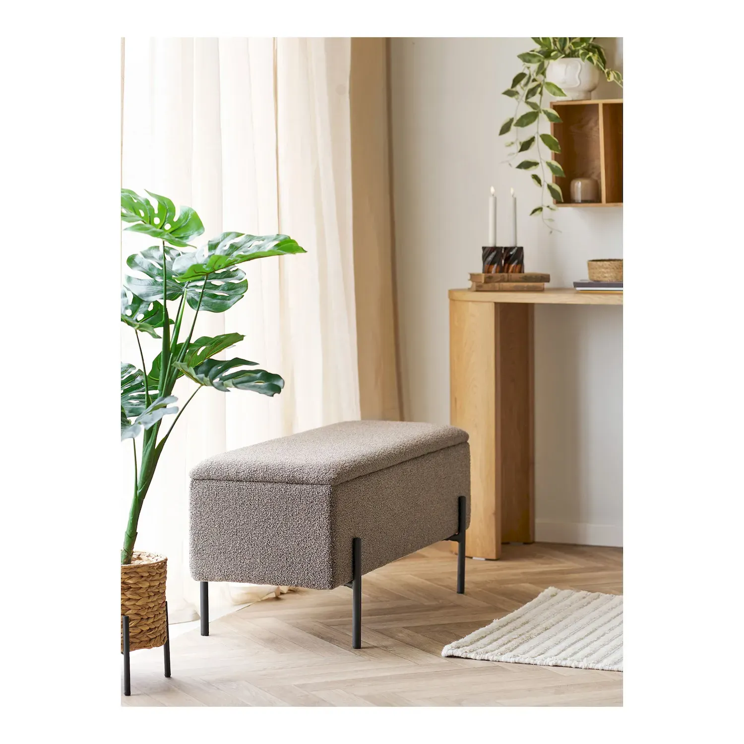 Ławka tapicerowana z pojemnikiem WATFORD 95 cm boucle brązowa — zdjęcie 7