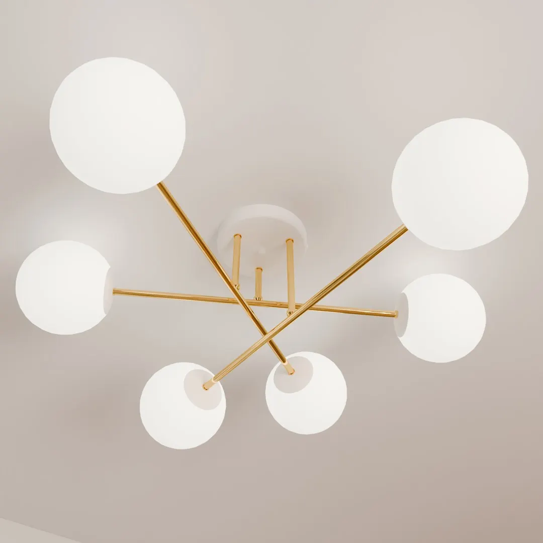 lampa sufitowa, kula, metal, złoto, konstrukcja krzyżowa