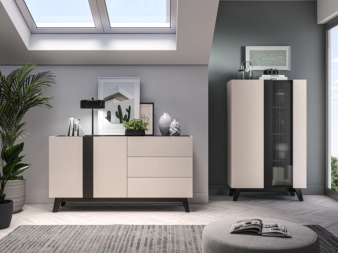 Komoda z półkami i szufladami FRESHION 160 cm beżowo-czarna - 1FRES03-001