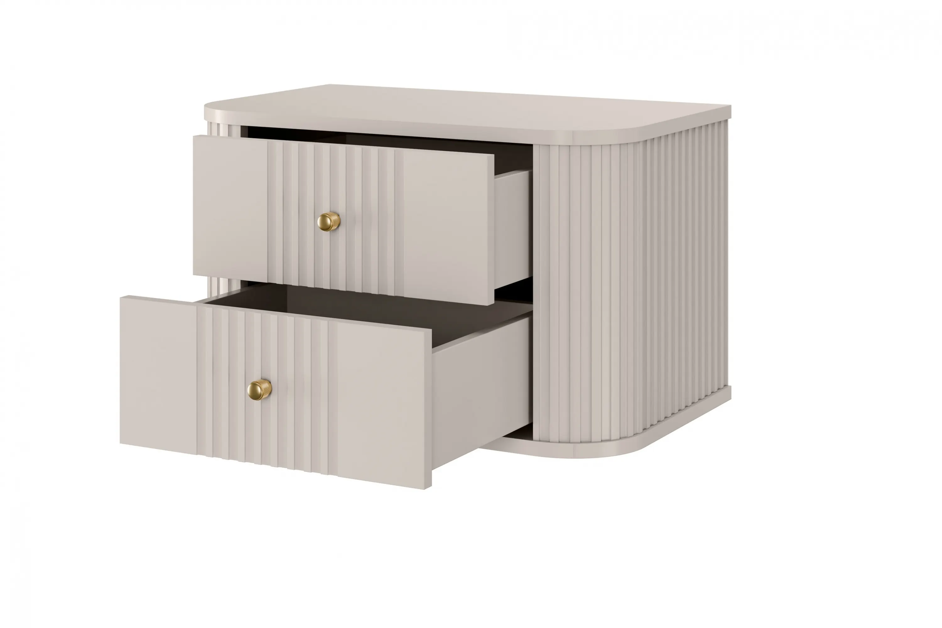 Szafka nocna wisząca z 2 szufladami VESPER 56 zestaw 2 sztuk ryflowany front cashmere cashmere złote uchwyty - B_163832