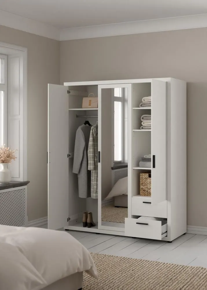 Szafa 3-drzwiowa z 2 szufladami i lustrem MIRA 154 cm biała - TV_712414949