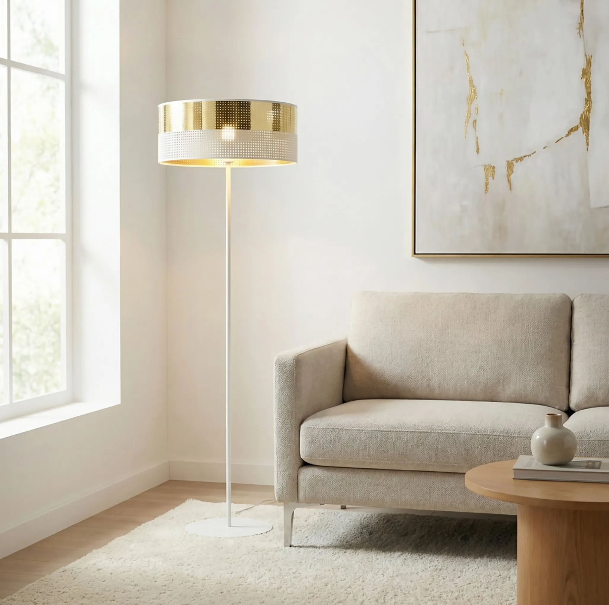 Lampa podłogowa LUX LP1 WH GOLD z abażurem biała złota - 1650/LP1