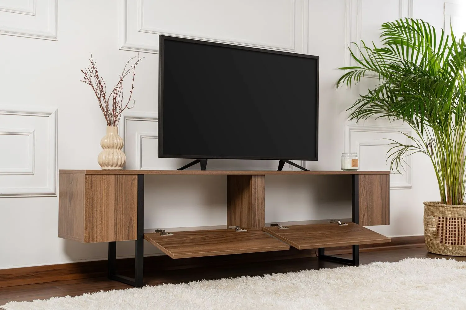 Szafka RTV drewniana 2-drzwiowa SERENITY 180 cm orzech czarny stelaż