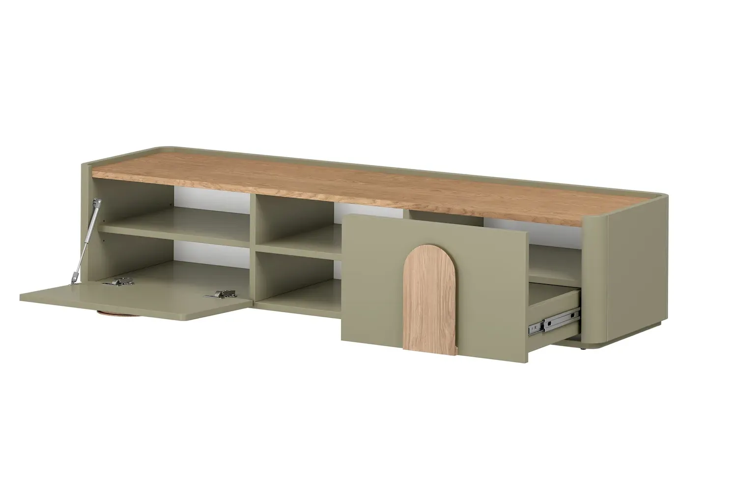 Szafka RTV z klapą i szufladą AMILIO 170 - eukaliptus dąb baltic dune uchwyty dąb naturalny - B_167074