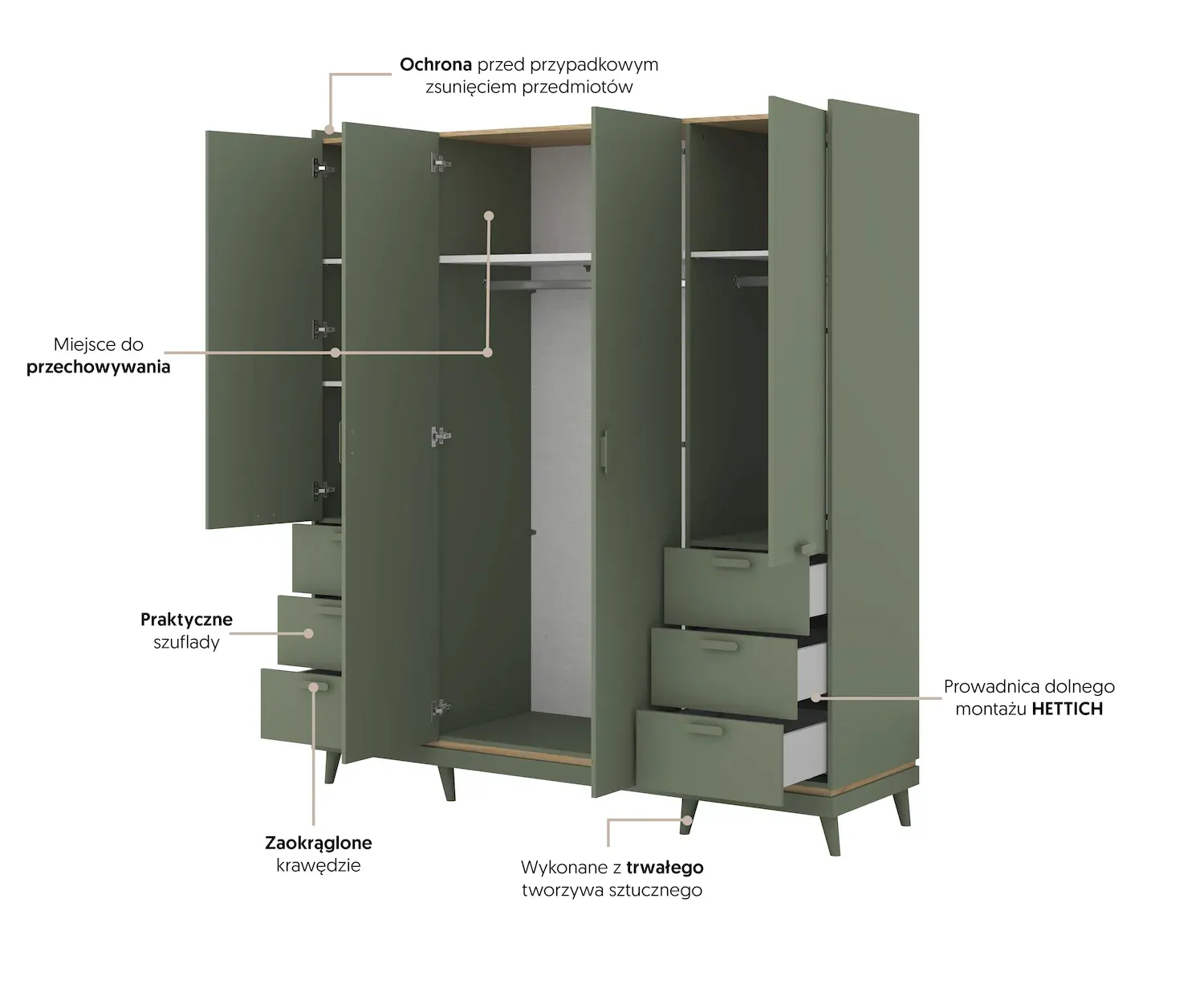 Szafa 3-drzwiowa z 3 szufladami SCANDI 19 zielony-dąb olejowany - 24GDOH19