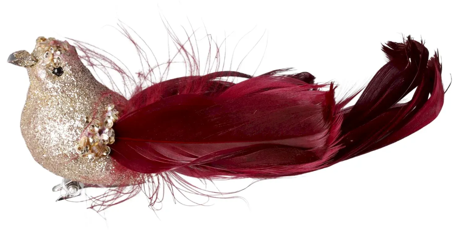 PTASZEK Z KLIPEM złoty z burgungowym ogonem