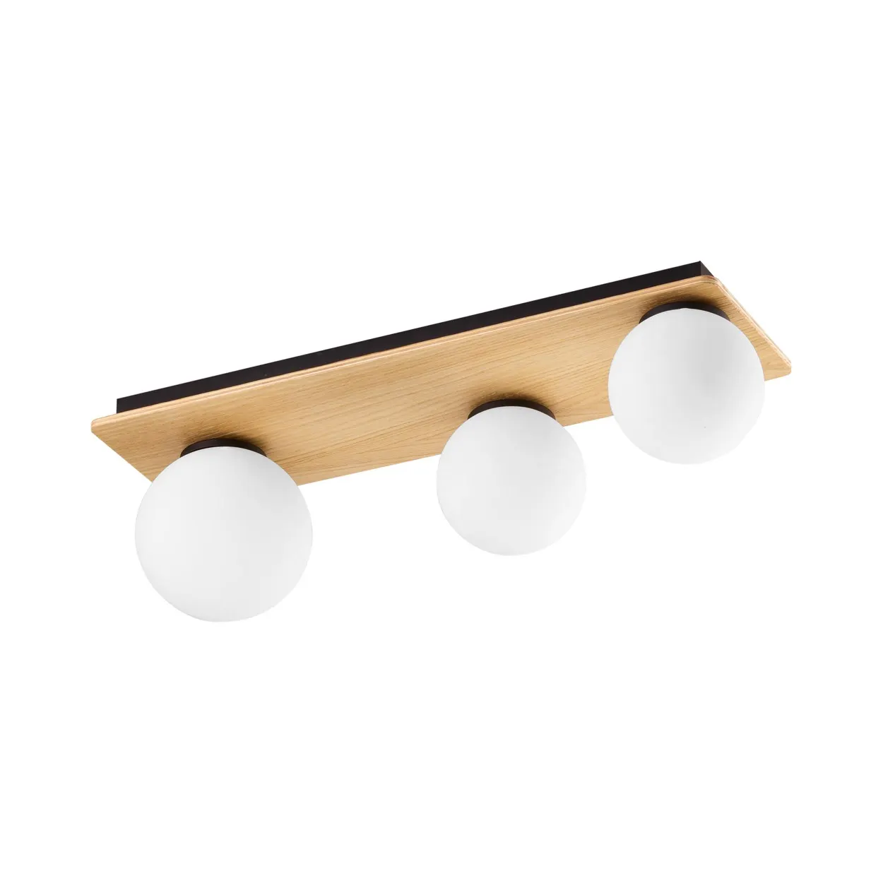 Lampa sufitowa BIANCA czarna z drewnianym elementem białymi okrągłymi szklanymi kloszami 50x20x15cm