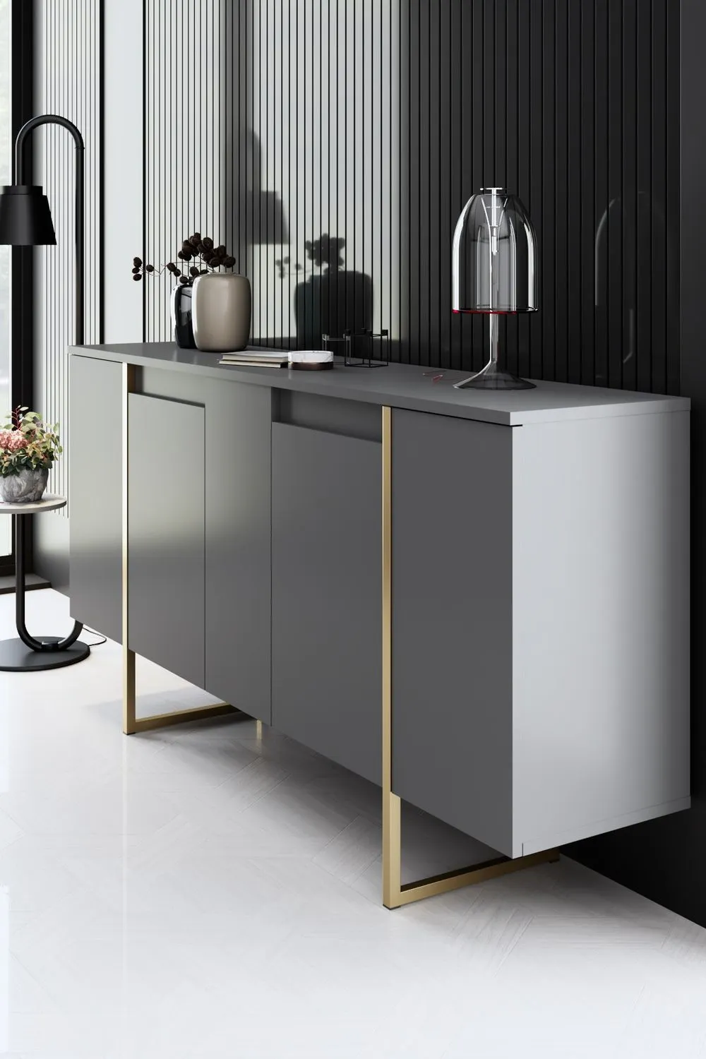 Komoda 4-drzwiowa LUXE 160 cm antracytowa złoty stelaż — zdjęcie 7