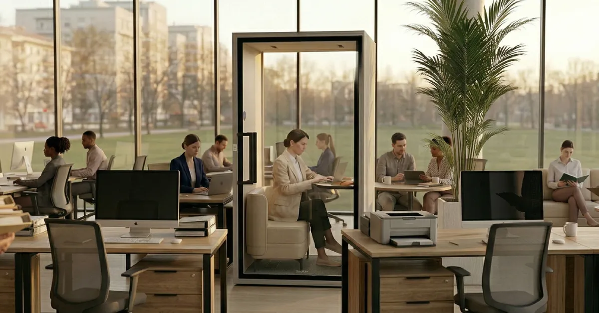 image biuro, stanowisko pracy, komputer, drzwi przeszklone, zielone rośliny