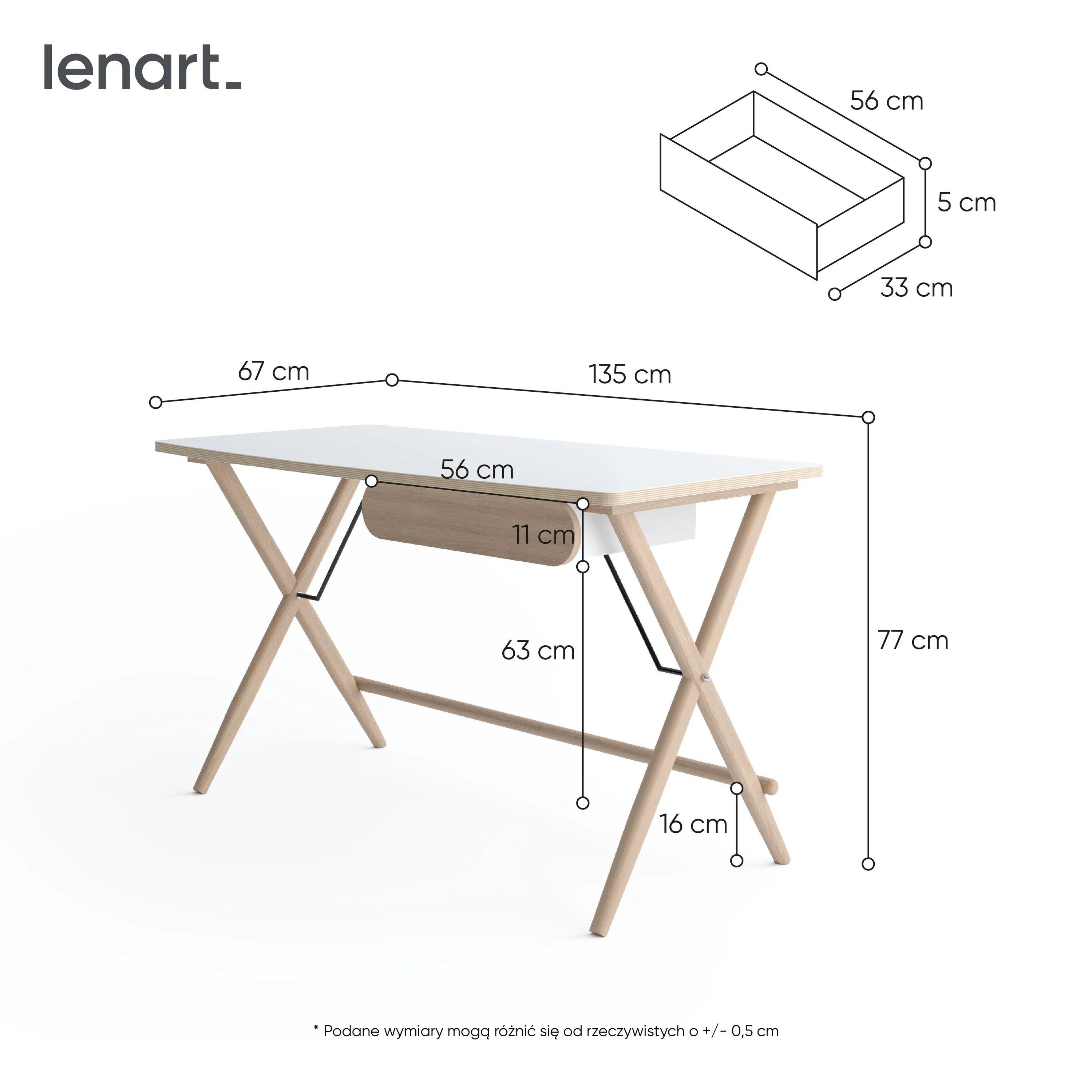Biurko z szufladą MATCH MW-01 biały/dąb jasny - MW1BID