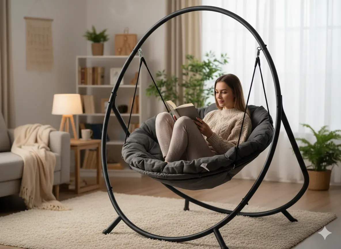 Fotel wiszący PATIO 115x140x167- ciemnoszara poduszka szara rama - FAT9934