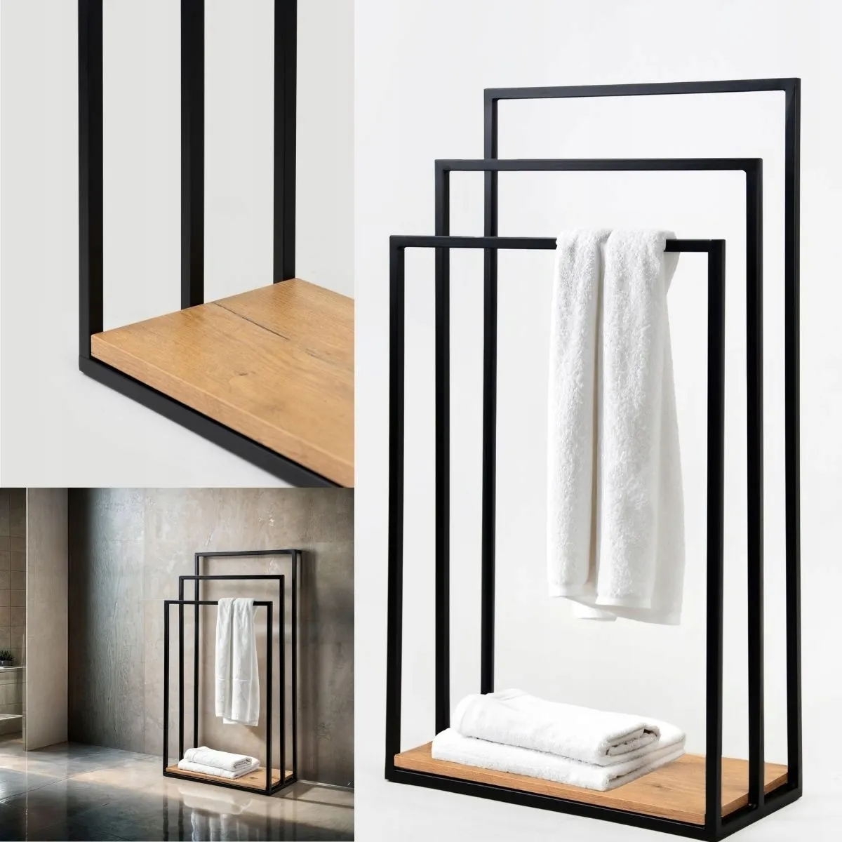 Wieszak na ręczniki metalowy CLECY 50x23x92 czarny efekt drewna - LD_TZ000382