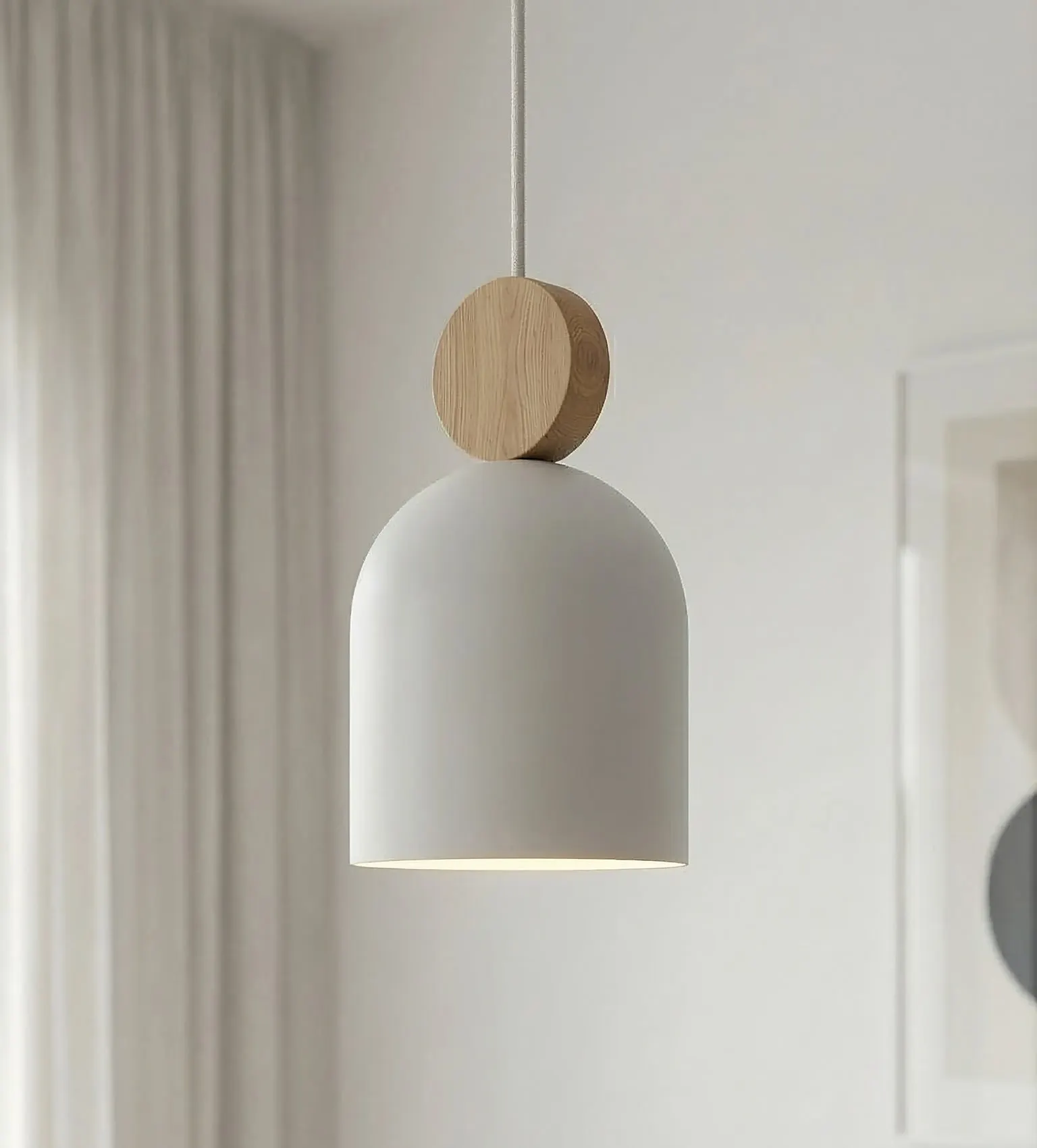 lampa wisząca, lampa sufitowa?, biała lampka, drewno naturalne, minimalizm