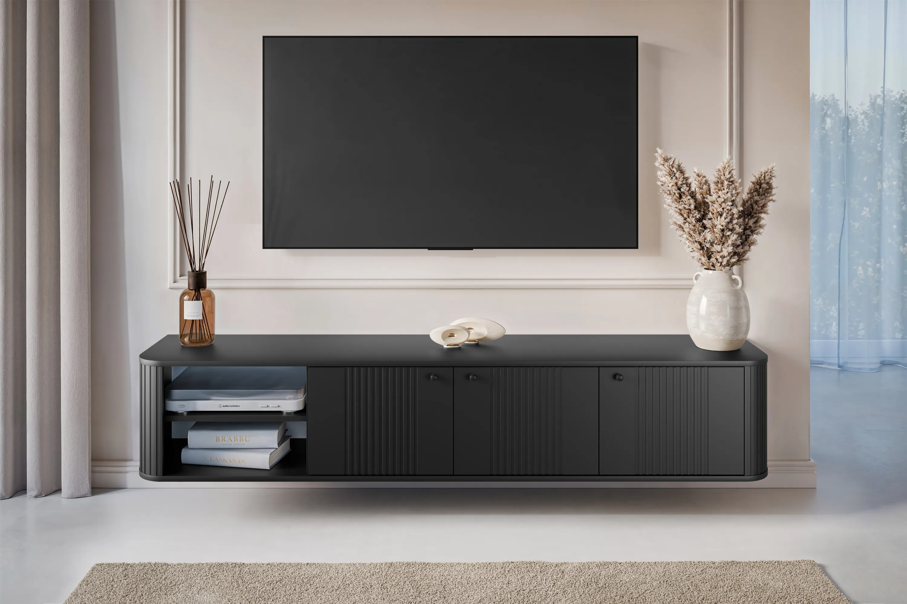 Szafka RTV wisząca 3-drzwiowa VESPER RTV 187 ryflowany front czarna czarne uchwyty - B_163700