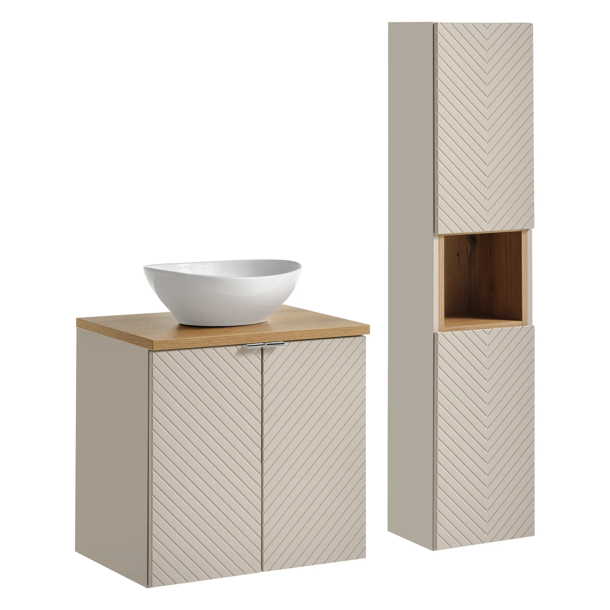Zestaw meblowy SET-VIC ( szafka 2-drzwiowa 60cm + blat + umywalka nablatowa Lola + szafka wysoka ) kaszmirowy, efekt drewna