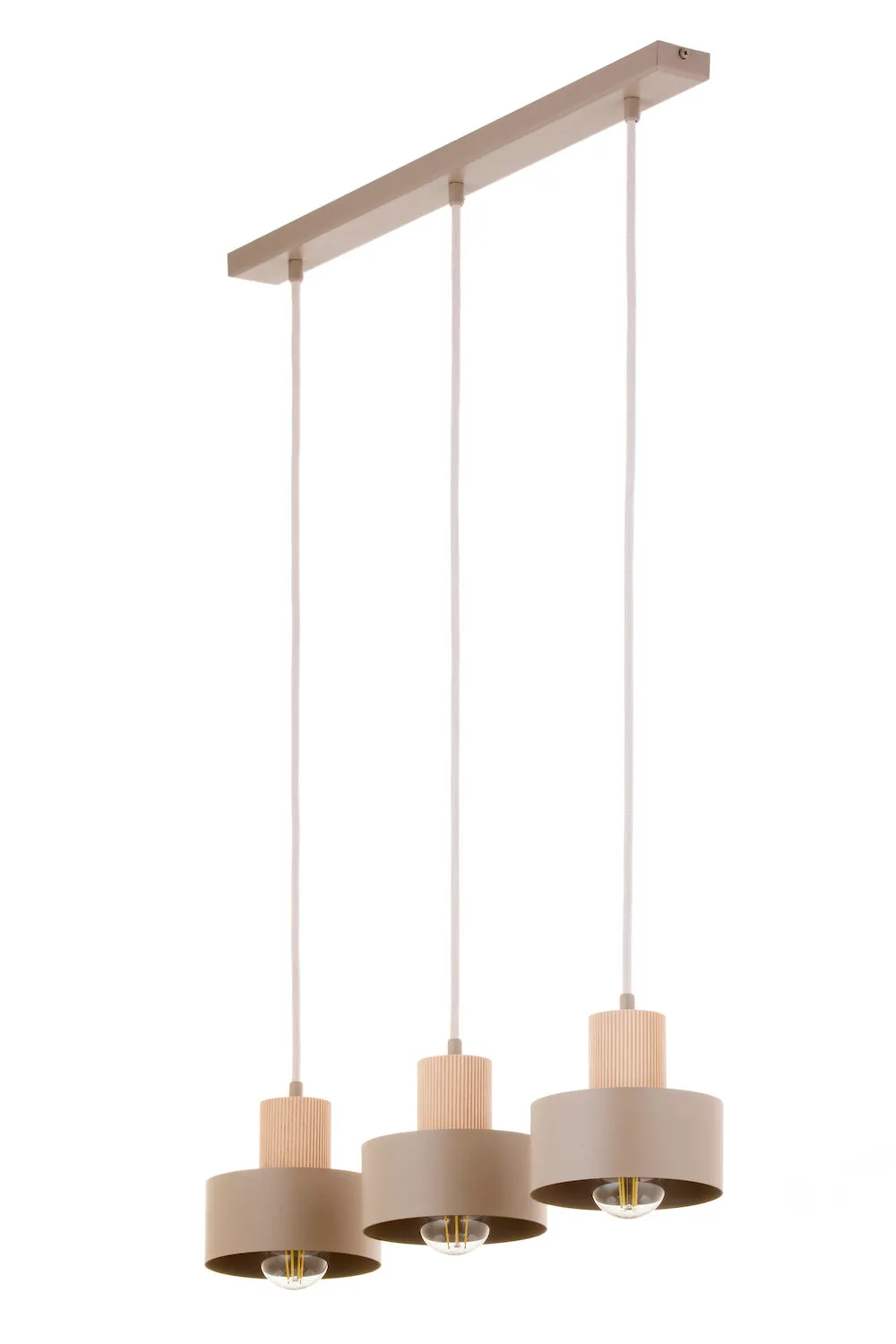 lampa wisząca, pendant light, trzy klosze, drewniane elementy, neutralny kolor