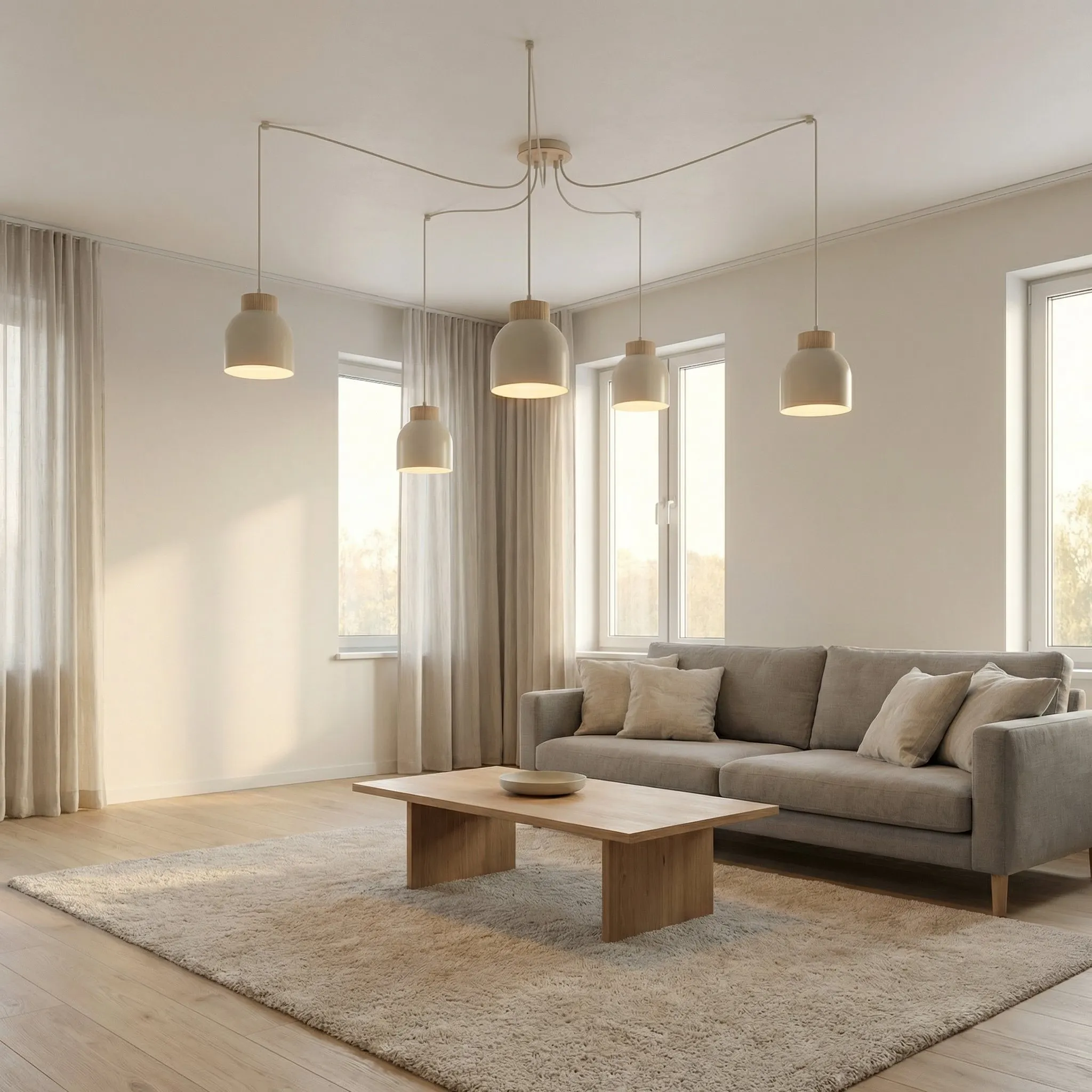 sofa, living room, coffee table, rug, pendant lights