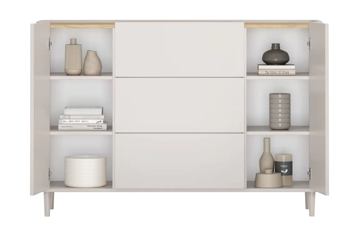 Komoda 2-drzwiowa z 3 szufladami ELIVO 150cm drewniane nóżki cashmere dąb olejowany — zdjęcie 5