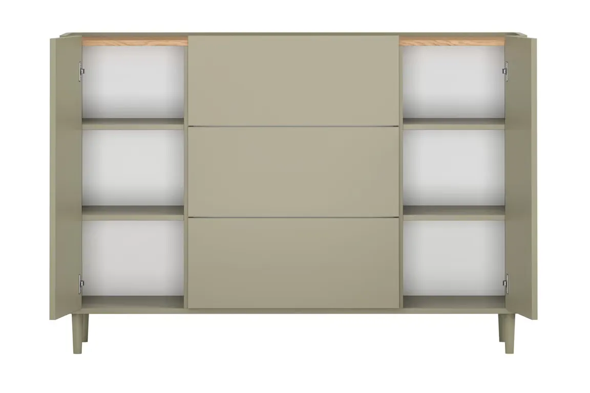 Komoda 2-drzwiowa z 3 szufladami ELIVO 150cm drewniane nóżki eukaliptus dąb baltic dune