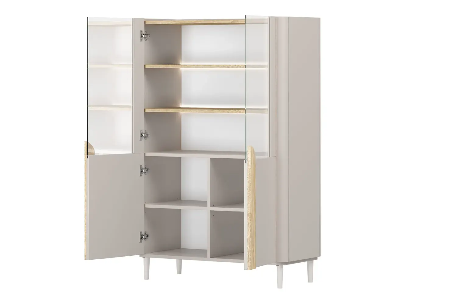 Witryna 2-drzwiowa AMILIO 100 oświetlenie LED - cashmere / dąb olejowany uchwyty dąb jasny nogi cashmere - B_169212