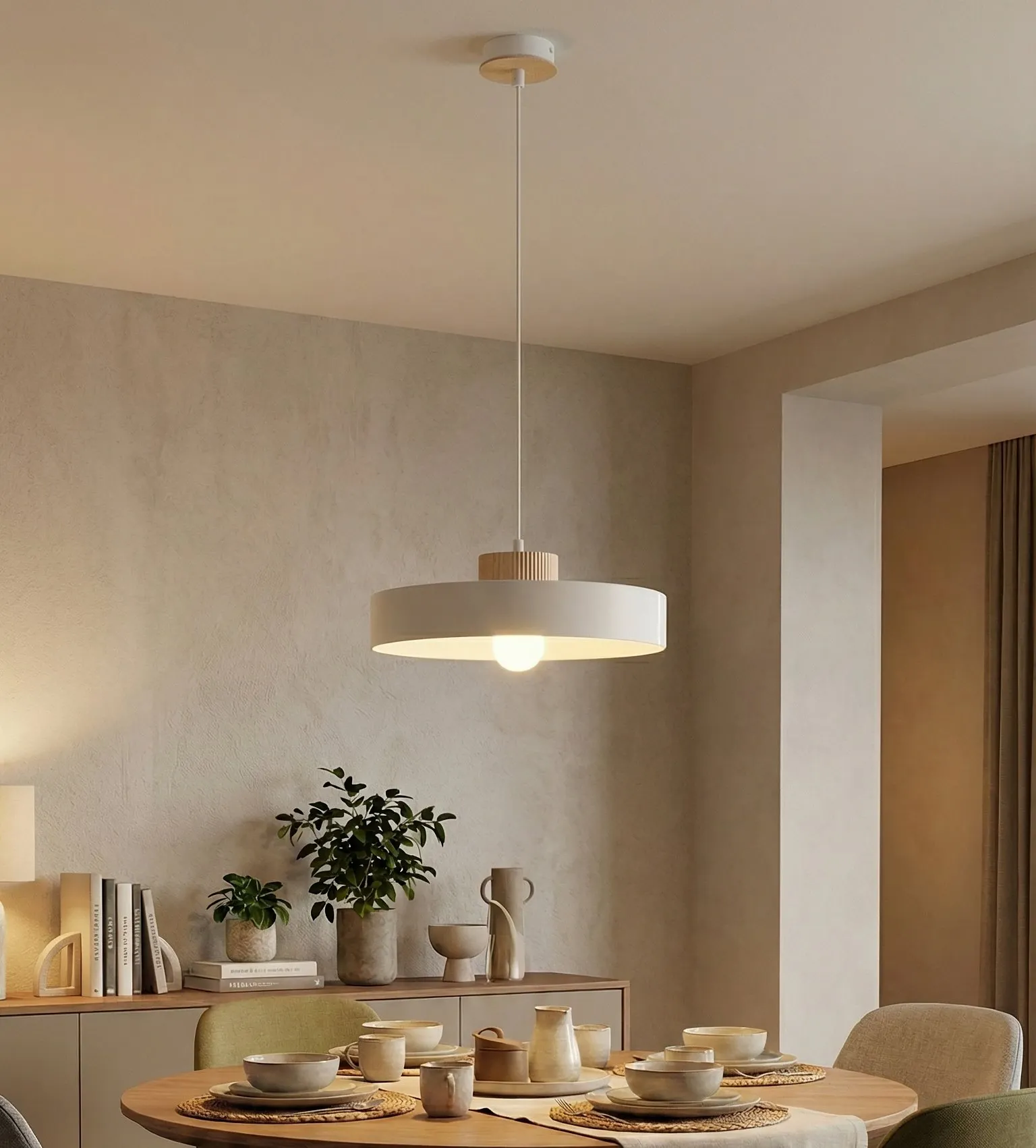 image lampa wisząca, pokój jadalny, stół drewniany, naczynia ceramiczne, rośliny doniczkowe