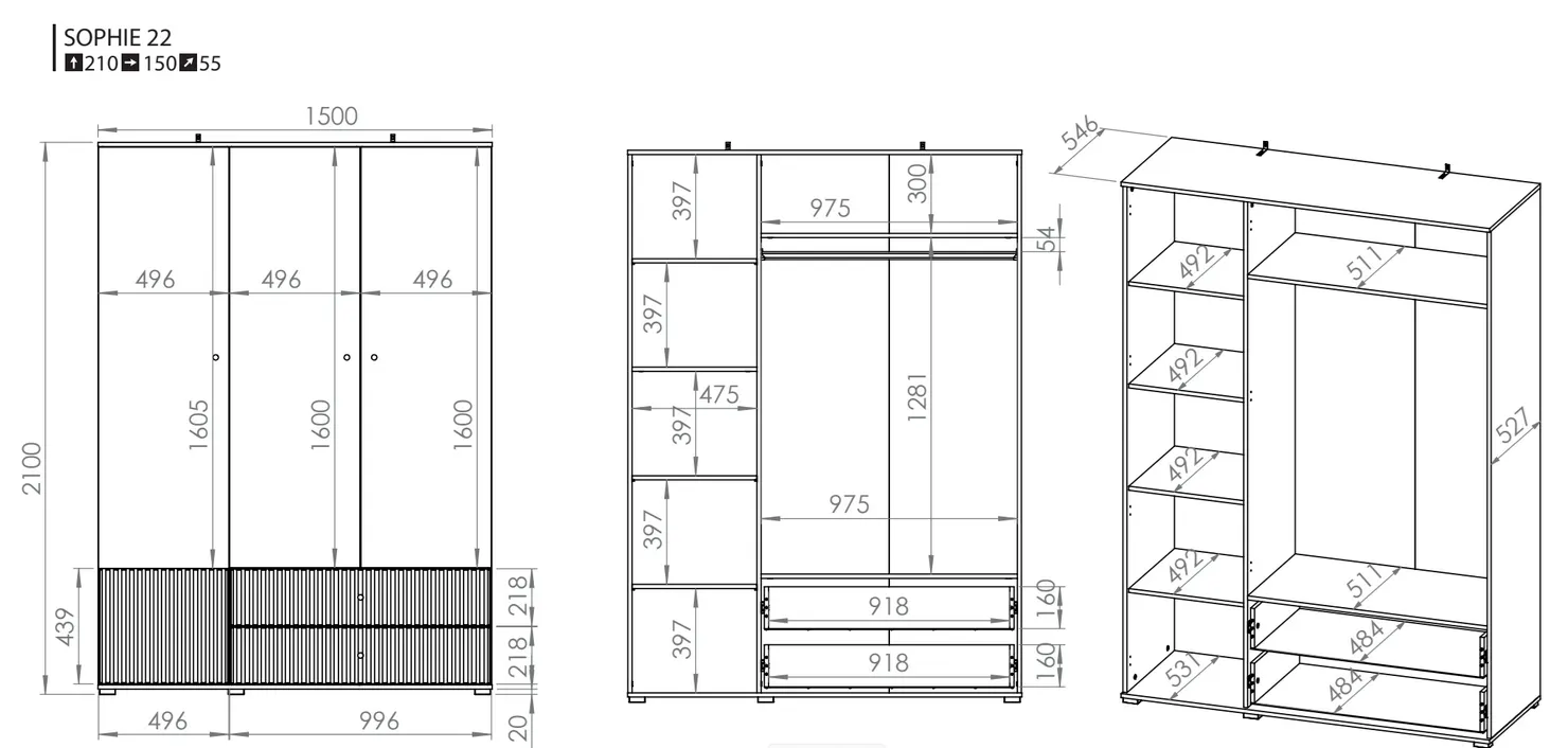 Szafa 3-drzwiowa z 2 szufladami SOPHIE 22 cashemere 150x55x210 cm - 1SOPH22-001