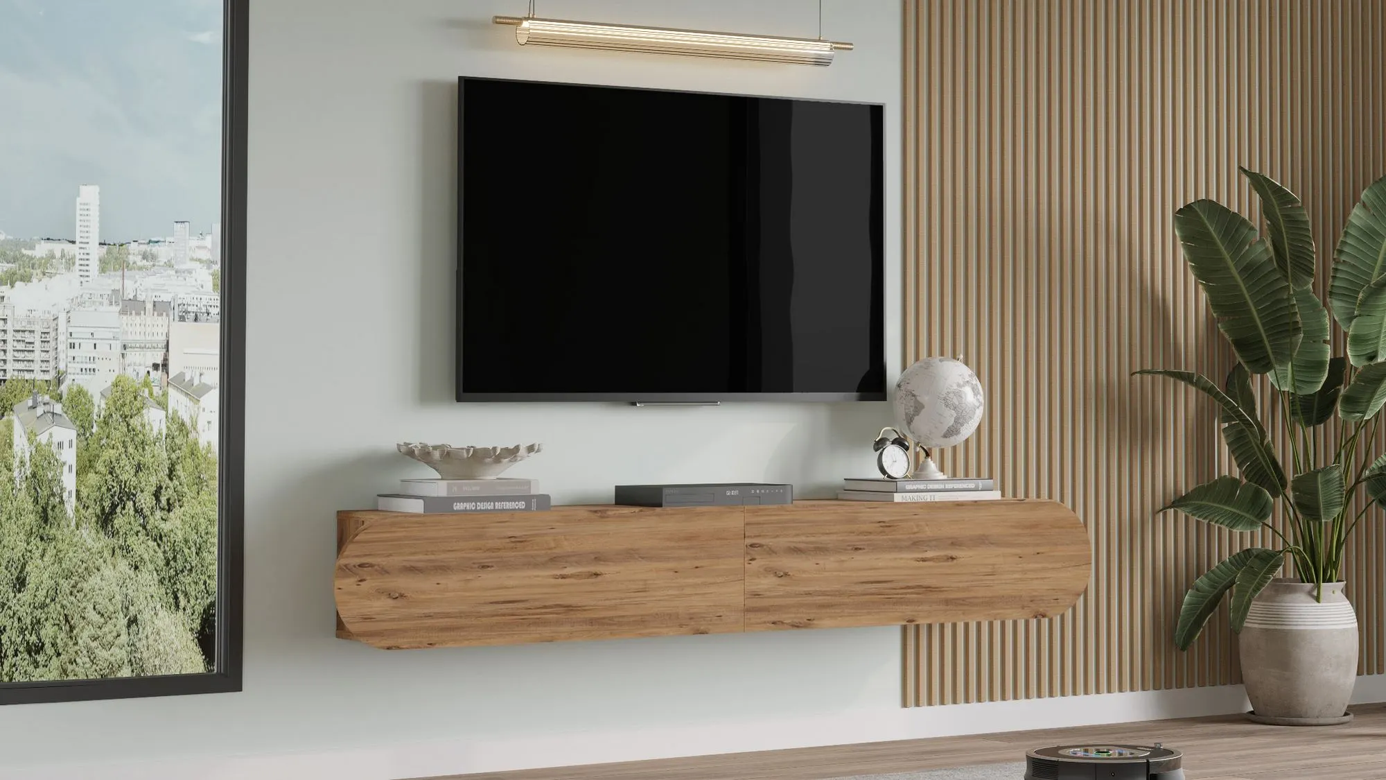 image telewizor, tv, na ścianie, wisząca półka, dekoracja salonu
