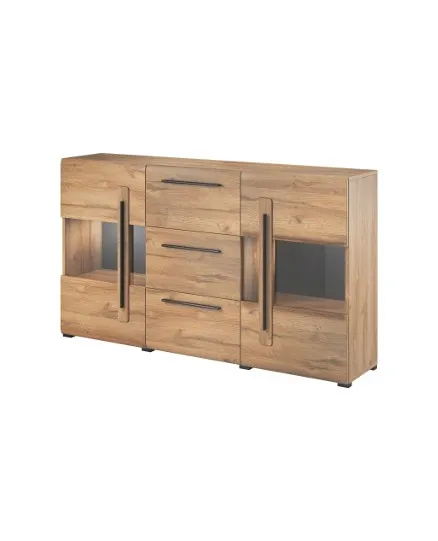 Komoda TULSA 28 dwudrzwiowa z szufladami i przeszkleniami dąb grandson czarne uchwyty 180x103x39cm