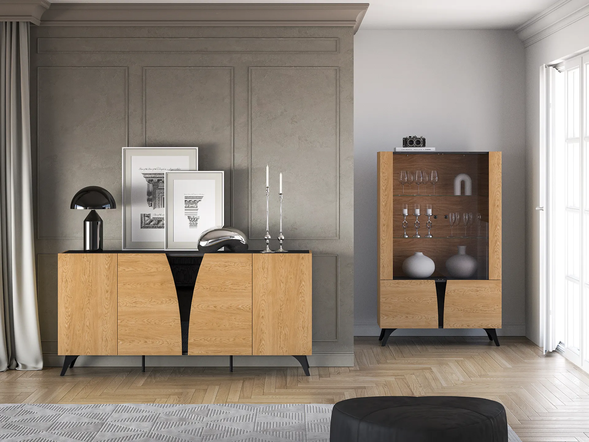 Komoda 5-drzwiowa TOSCANIA 04 dąb baltic dune jesion prestige czarny — zdjęcie 8