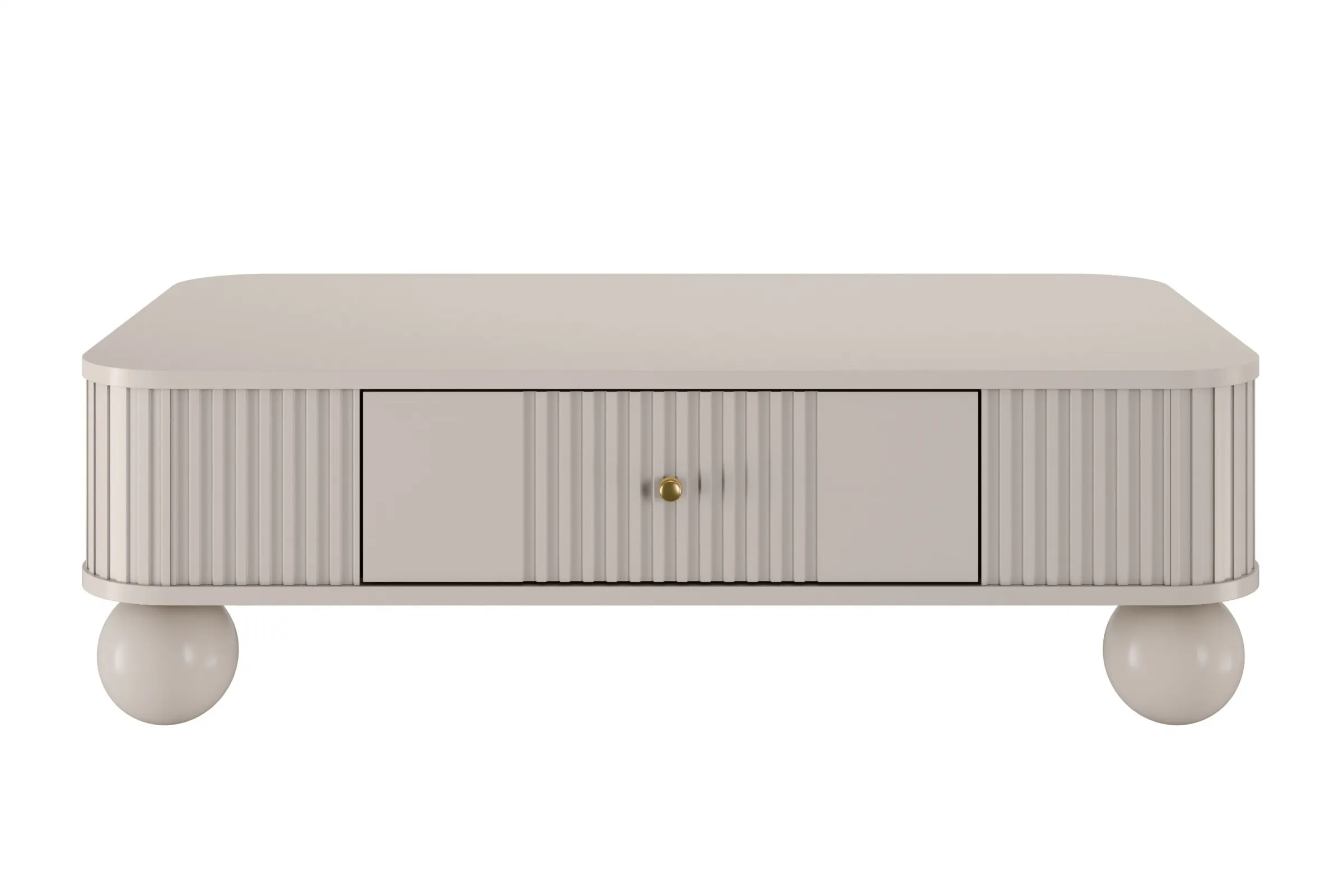 Stolik kawowy z szufladą VESPER 103 ryflowany front cashmere złote uchwyty nogi kule — zdjęcie 2