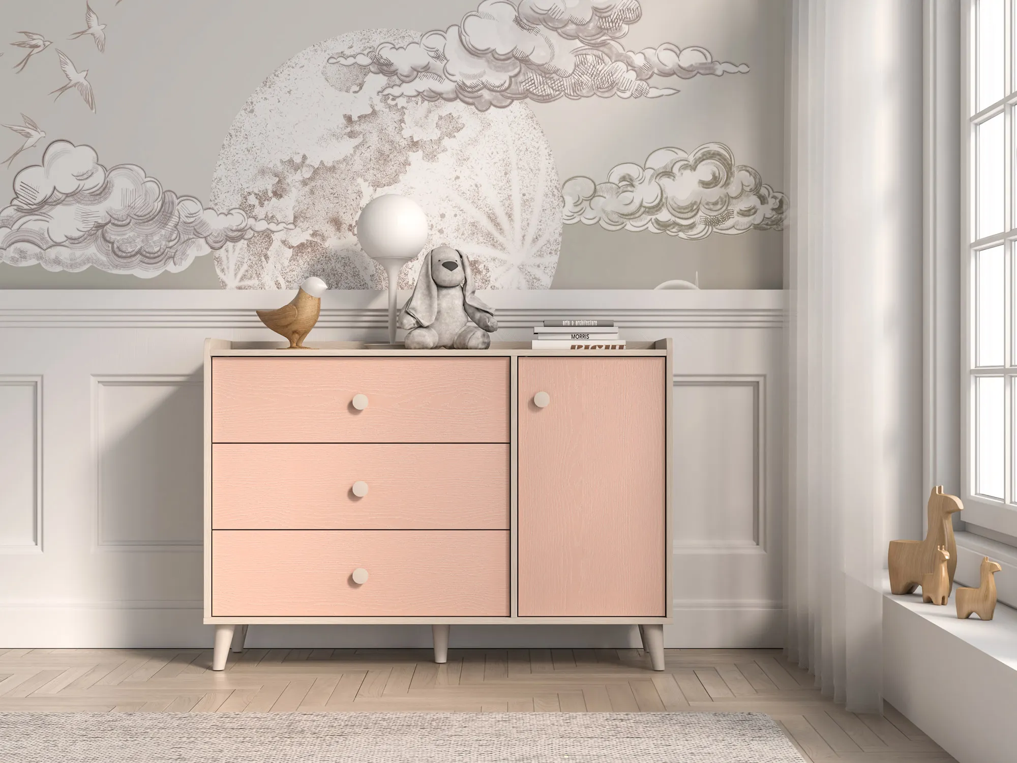 Komoda 1-drzwiowa z 3 szufladami MEVEL 05 piasek pustyni, różowy - 1MEVE05-001