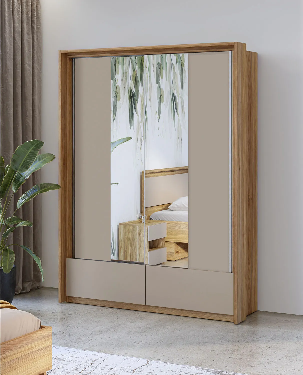 Szafa 2-drzwiowa z lustrem i szufladami IMPRESSIO 159x219 dąb mauvella congo - 24MCNJ61