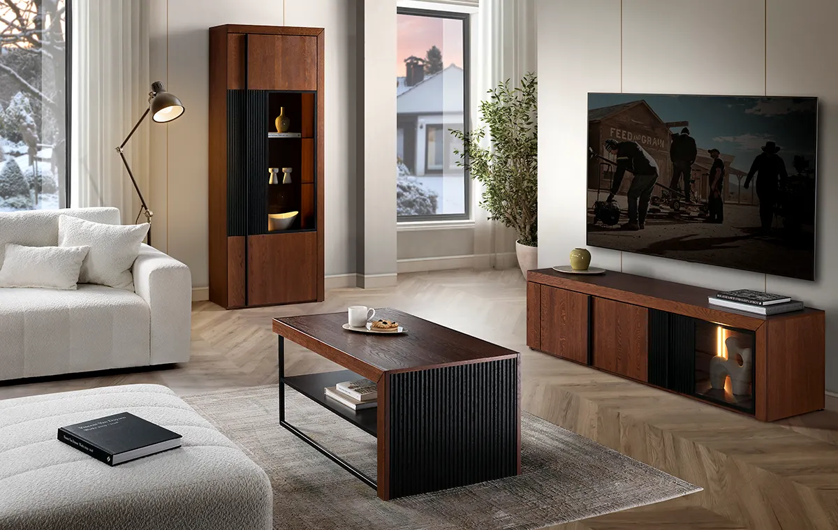 Szafka 3-drzwiowa RTV PARIS 25 z przeszkleniem dąb antyczny czarny 182x47x42cm - TH-100-1781