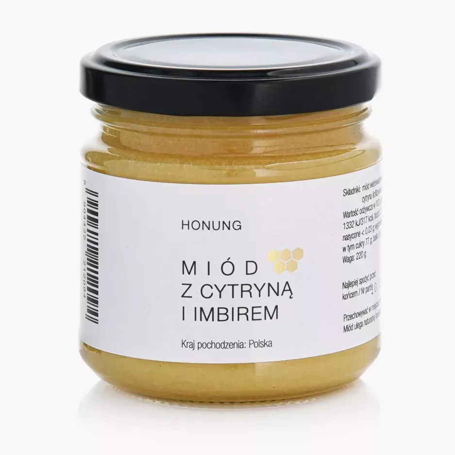 miód, z cytryną, imbirem, słoik, honey label