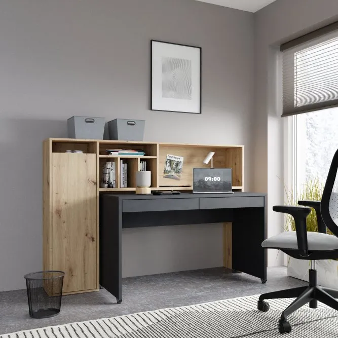 Biurko TRYNIDAD z regałem - dąb artisan, beton - EGRB331L-C982A