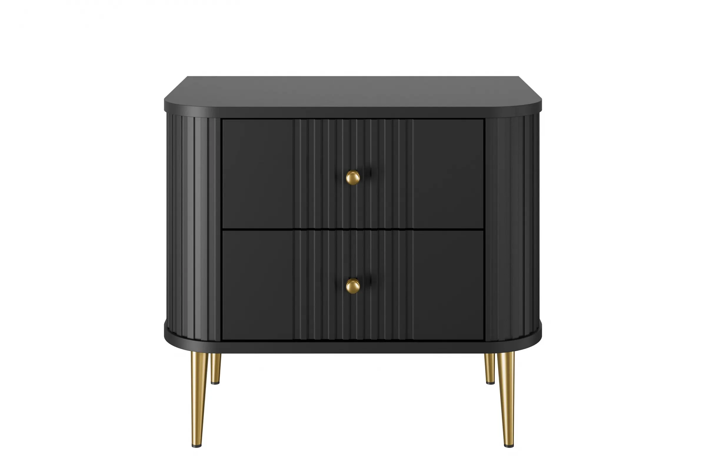 Szafka nocna z 2 szufladami VESPER 56 zestaw 2 sztuk ryflowany front czarny złote nogi - B_163843