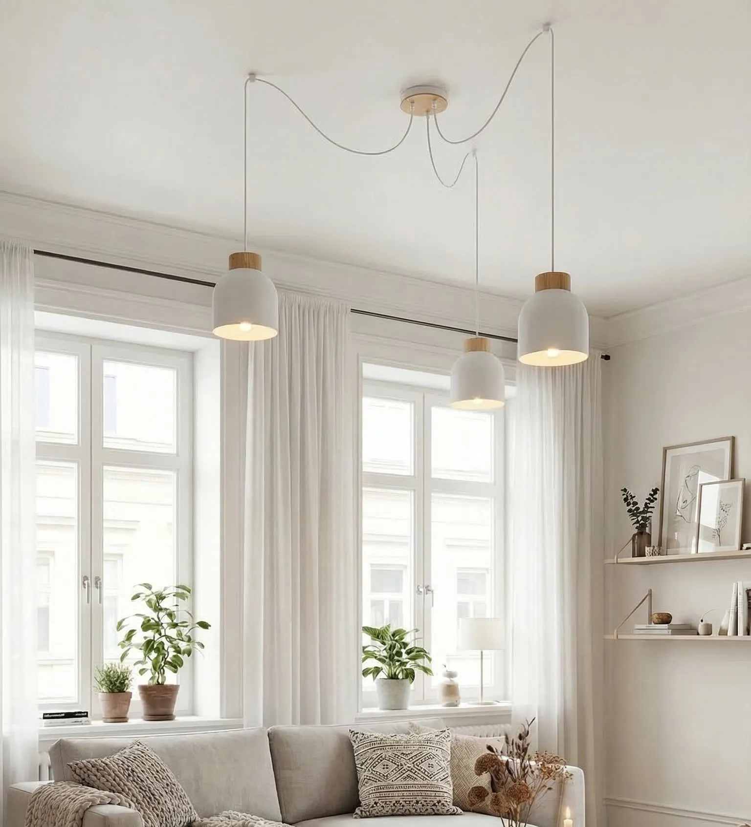 image lampa wisząca, lampy nad sufit, drewniane osłonki, lampa sufitowa, styl skandynawski