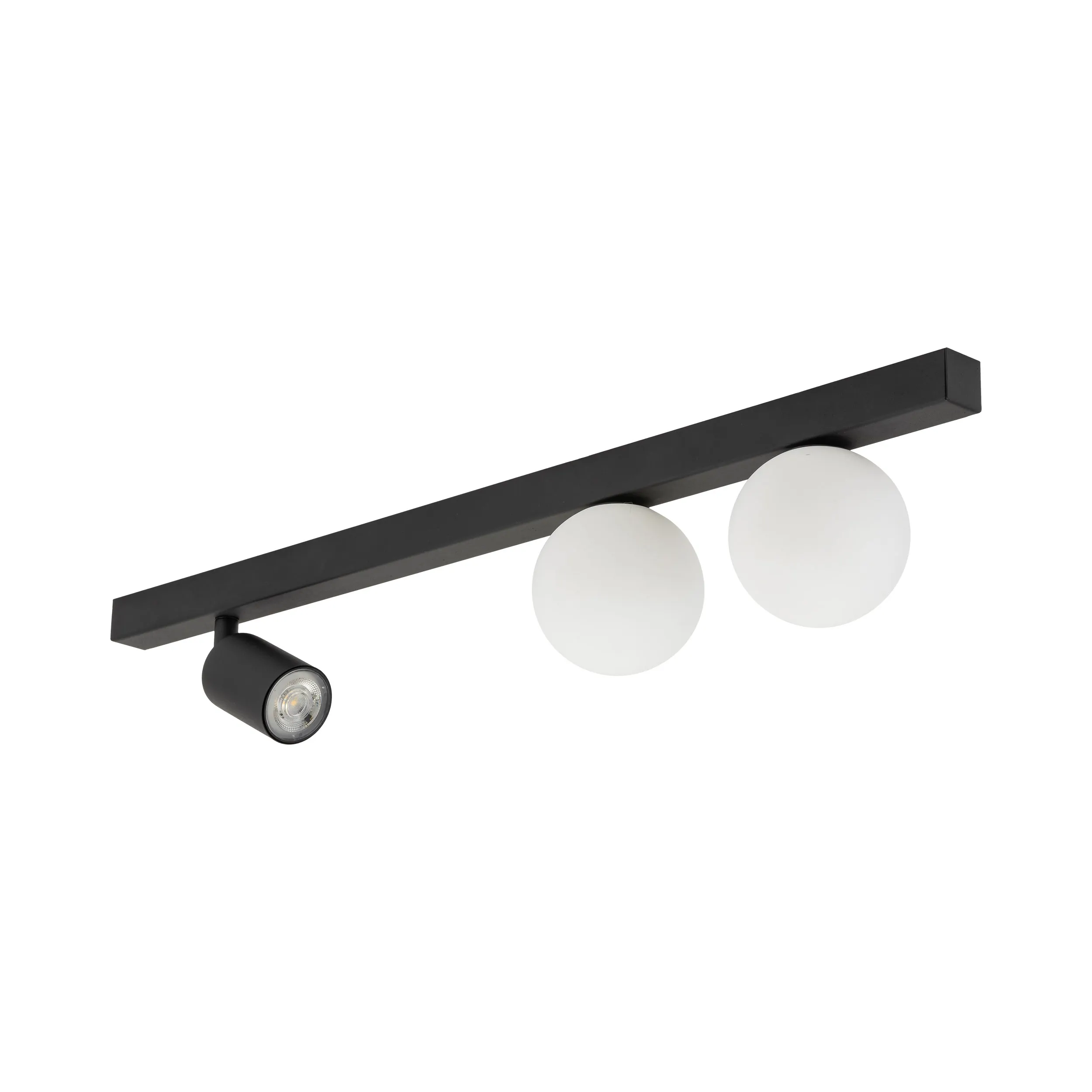 Lampa sufitowa VOX czarna na listwie z białymi okrągłymi szklanymi kloszami oraz jedną regulowaną lampką 70x15cm